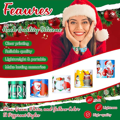 240 Pcs Christmas Slap Bracelets Bulk Santa Theme Christmas Party Favors Holiday Snap Bracelets Kids Xmas Slap Bands for Birthday Party Gifts Stocking Stuffers Classroom Prizes, 24 Designs