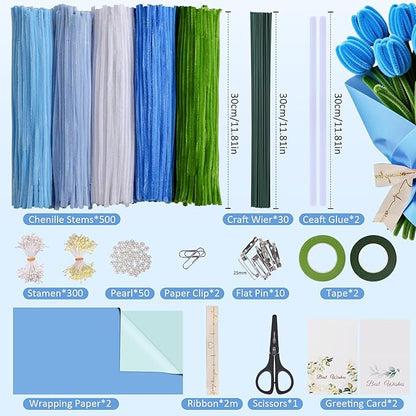 500 Pcs Pipe Cleaners Craft Kit for Flower Making, Complete DIY Bouquet Set with Chenille Stems, Craft Wire, Stamen, Tape, Ribbon & More, Perfect for Arts, Handmade Gifts & Decorations