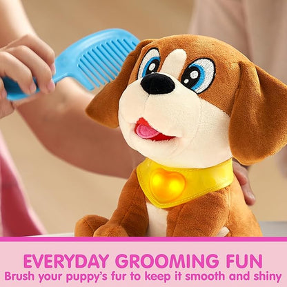 JOYIN Toy Dog for Toddlers, Play Puppy Toy with Carrier & Accessories, Plush Dog with Interactive Button, Lights & Sounds, Pet Care Set for Kids 1 2 3 4 Years Old, Birthday Gifts for Girls