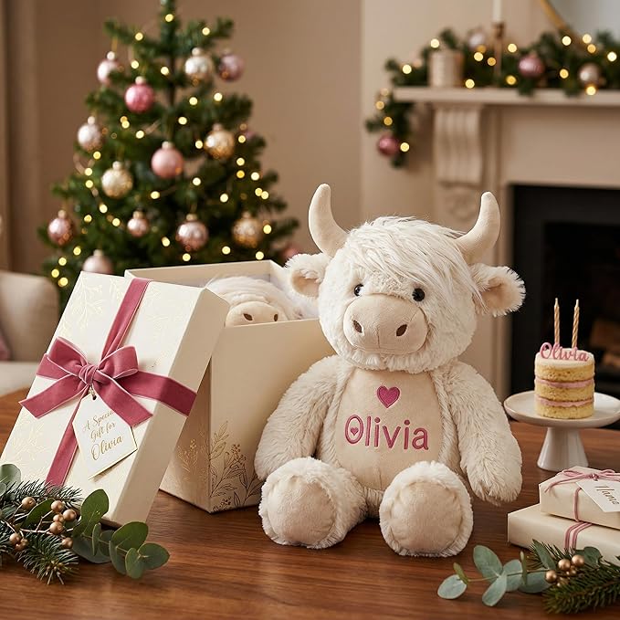 Personalized Highland Cow Stuffed Animal - Custom Name & Date Embroidered Plush Toy - Soft Farm Cow Nursery Decor, Baby Shower & Birthday Keepsake Gift for Boys Girls (10/13/16 Inch)