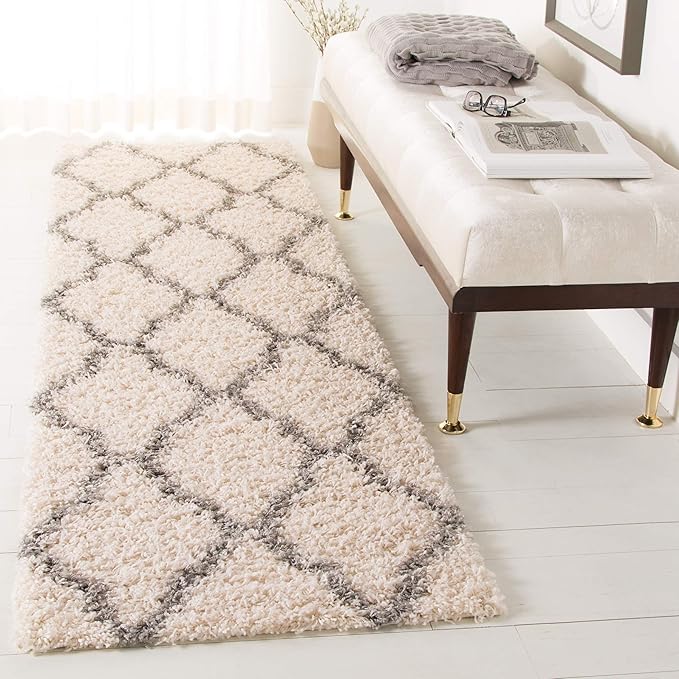 SAFAVIEH Dallas Shag Collection 2'3" x 10' Ivory/Grey SGDS257F Trellis Non-Shedding Living Room Bedroom Dining Room Entryway Plush 1.5-inch Thick Runner Rug
