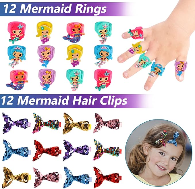 Golray Mermaid Party Favors Birthday Supplies Girls, Necklace Silicone Bracelet Gift Bag Sticker Keychain Ring Hairpin, Pinata Filler Goody Bag Stuffer Classroom Prize Kids Little Mermaid Party Decor