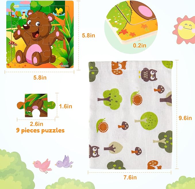 SYNARRY 6 Pack Wooden Jigsaw Puzzles for Kids Ages 2-5 Years Old, 9 Pieces Toddlers Animal Puzzles, Educational Preschool Learning Toys for Children Boys and Girls, Best Kids Puzzle Toys & Gifts