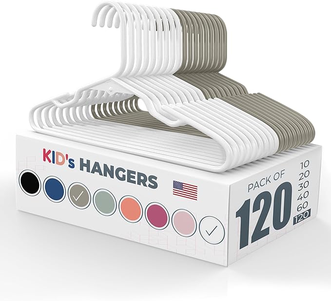 Made in USA Baby Hangers, Kids Hangers for Children's Clothes, Toddler Outfits and Clothing, 20 50 100 Pack Available, Kid Plastic Hanger for Closet and Nursery, Kids Hangars (120pk White/Gray)