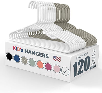 Made in USA Baby Hangers, Kids Hangers for Children's Clothes, Toddler Outfits and Clothing, 20 50 100 Pack Available, Kid Plastic Hanger for Closet and Nursery, Kids Hangars (120pk White/Gray)