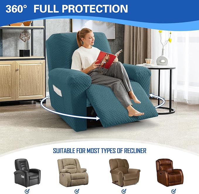 MAXIJIN Recliner Cover Slipcovers for Living Room 4 Pieces Stretch Jacquard Recliner Chair Cover Soft Fitted Recliner Protector with Elastic Bottom for Kids, Pets (Recliner, Peacock Blue)