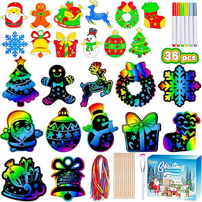 Garma 36Pcs Christmas Crafts Scratch Art for Kids, Rainbow Scratch Paper Christmas Ornaments Crafts Christmas Party Favors Toys Xmas Tree Ornaments Hanging Craft Art Kits