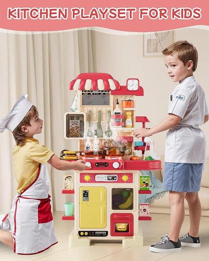 49Pcs Kitchen Playset for Boys & Girls, Kid Play Kitchen with Realistic Lights & Sounds, Spray Sink Toy Kitchen Accessories, Pretend Food Toys Kitchen for Toddlers(Red)