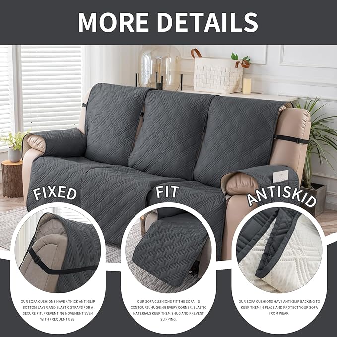 Easehomey Waterproof Recliner Sofa Cover,Non-Slip Reclining Sofa Covers for 3 Seat,Washable Reclining Sofa Cover Furniture Protector with Elastic Straps Pocket for Kids, Pets(Dark Gray,3Seat)