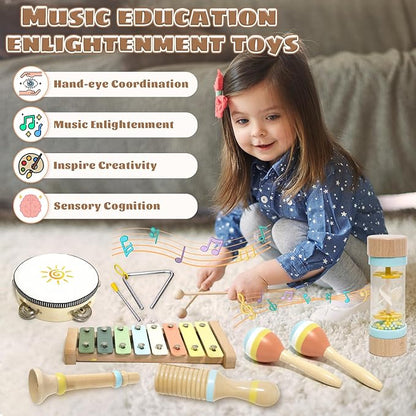 Musical Instruments for Toddlers 1-3, Wooden Montessori Musical Toys Set for Baby 1 Year Old with Boho Xylophone/Drum, Kids Preschool Educational Christmas Birthday Gifts for Girl Boy