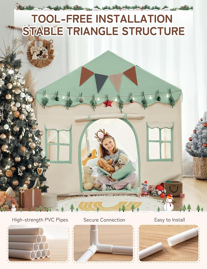 besrey Kids Tent, Kids Play Tent 2 in 1 with Padded Mat and Lights, Large Playhouse with 2 Doors & 4 Windows, Indoor & Outdoor, Christmas Toddler Playhouse, 51" x35" x 51" (Green)