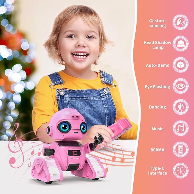 Robot Toys for Boys and Girls, Rechargeable Remote Control Robot with Auto-Demonstration, Light Projection, Dance Moves, Music, and Gesture Sensing –Toy Robot Gifts for 6+ year old Girls (Pink)