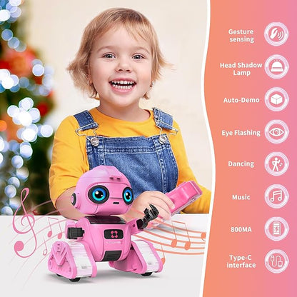 Robot Toys for Boys and Girls, Rechargeable Remote Control Robot with Auto-Demonstration, Light Projection, Dance Moves, Music, and Gesture Sensing –Toy Robot Gifts for 6+ year old Girls (Pink)
