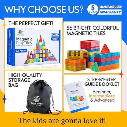 Magnetic Tiles 56 PCS, Magnetic Tiles for Kids & Toddlers Ages 3-8, Magnetic Toy for 3 4 5 6 7 8 Year Old Boys Girls Kids & Toddlers Magnetic Blocks Building Set STEM Toy, Great Gift for Kids aged 3-8