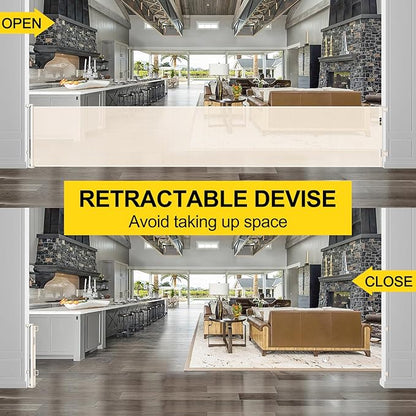 175 Inch Extra Wide Retractable Baby Gates for Large Openings, Extra Long Retractable Dog Gate for Doorways 33" Tall Mesh Pet Gate for Wide Openings Large Baby Gate for Indoor Outdoor (Beige)