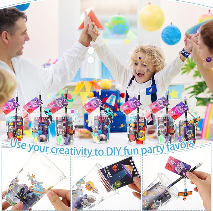 Colarr 161 Pcs Space Party Favor Space School Stationery Set Includes Gift Cup Notebook Pencil Sharpener Eraser Keychain Stamp Slap Bracelet Sticker Card for Space Birthday Supplies