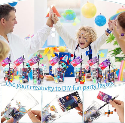 Colarr 161 Pcs Space Party Favor Space School Stationery Set Includes Gift Cup Notebook Pencil Sharpener Eraser Keychain Stamp Slap Bracelet Sticker Card for Space Birthday Supplies