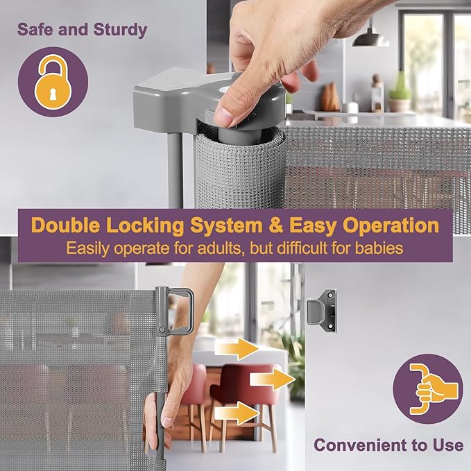 42" Tall X 200" Extra Wide Retractable Gates, Extra Tall Baby Gate for Large Openings Tall Mesh Gate Extra Long Dog Gates Indoor Pet Gate for Dogs or Kids Large Outdoor Retractable Deck Gates, Gray