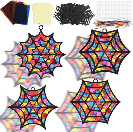 32Pcs Halloween Suncatcher Kit Halloween Window Art DIY Suncatcher Crafts for Kids Spider Web Sun Catcher Craft Stained Glass Effect Tissue Paper Halloween Party Favors Kids Classroom Decor
