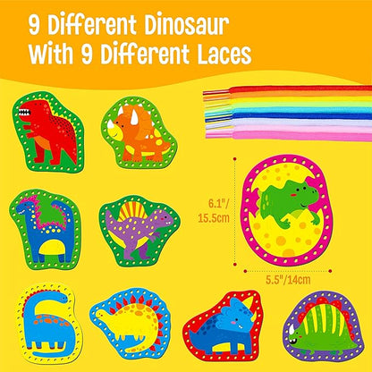 9 Pieces Kids Lacing Cards, Double Sided Sewing Cards in 9 Dinosaurs with 9 Colorful Laces, Imagination Development Lacing Toys Games for Children Educational and Learning Activity