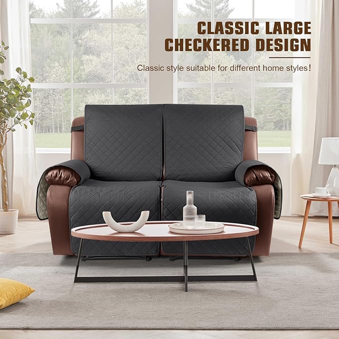 KinCam Waterproof Loveseat Recliner Cover, Non-Slip Reclining Couch Covers for 2 Seat, Recliner Sofa Cover Furniture Protector with Elastic Straps for Kids, Pets, Charcoal Gray