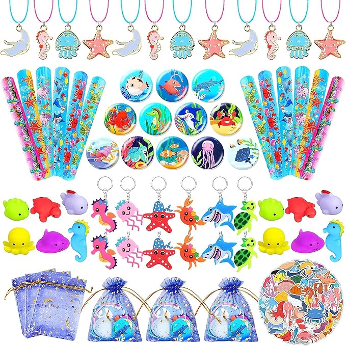 122 PCS Ocean Animal Party Favors Under the Sea Goodie Bags with Necklaces Stickers Slap Bracelets Button Pins and Bags for Sea Themed Birthday Party Supplies School Rewards (Ocean Animal)