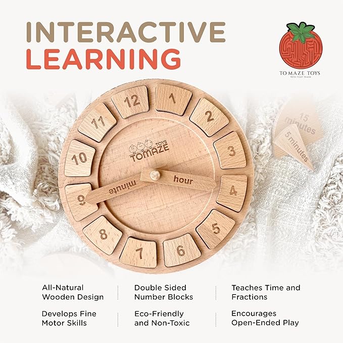 Tomaze Montessori Wooden Toy Clock - Kids' Educational Kit to Teach Time, Fractions, Numbers, & Sorting with Blocks - Early Math Learning - Gift for Age 4+ Boy Girl Preschooler in Classroom Homeschool