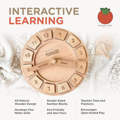Tomaze Montessori Wooden Toy Clock - Kids' Educational Kit to Teach Time, Fractions, Numbers, & Sorting with Blocks - Early Math Learning - Gift for Age 4+ Boy Girl Preschooler in Classroom Homeschool