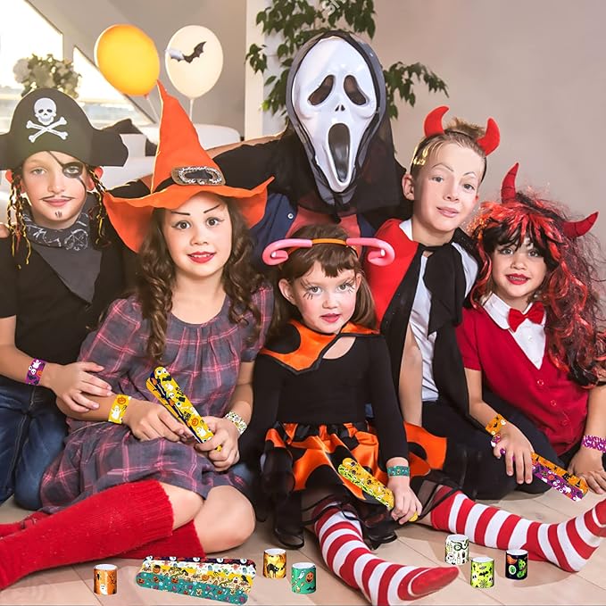 Halloween Slap Bracelets for Kids, 100 Halloween Bracelet Toys Bulk For Kids Girls Boys, Trick or Treat Party Favors, Classroom Prizes, Exchanging Gifts, Halloween Party Gift Treat Bag Filler Supply