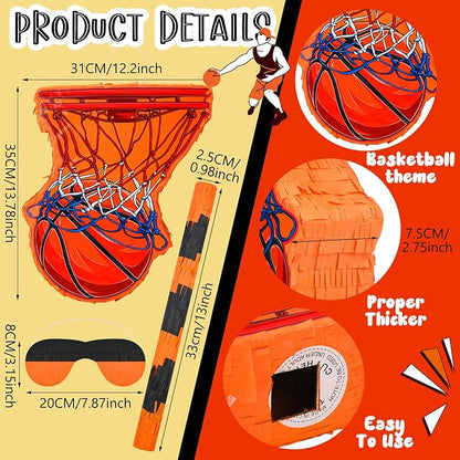 152 Pcs Ball Piñata Ball Party Supplies with Blindfold and Stick for Kids Birthday Party Decorations Foam Stress Balls Slap Bracelets Whistle Ball Favors for Boys Girls(Basketball)