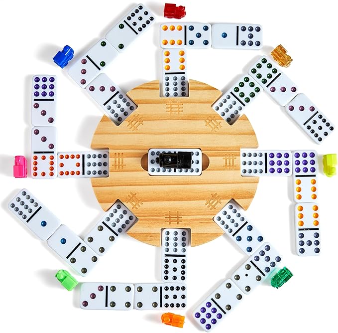 Mexican Train Double 12 Dominoes Set with 4 Wooden Trays/Racks in Portable Carrying Case Colorful 91 Tiles & 9 Trains Board Game for Family Game Night