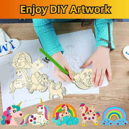 398 Pcs Unicorn Crafts, Wooden Painting Crafts for Kids, Wooden Crafts With 30 Wooden Blocks 354 Rhinestones 12 Color Pens 2 Stickers, Kids Crafts, DIY Crafts and Birthday Party Gifts for Kids