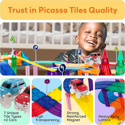 PicassoTiles 128 Piece Race Car Track Building Block Educational Toy Set Magnetic Tiles Magnet Playset 3 LED Car STEM Learning Construction Kit Hand-Eye Fine Motor Skill Training Brain Development