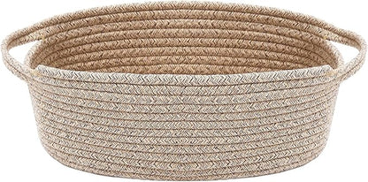 JMvicyroam Woven Basket,Small Rope Storage Bin with Handles & Ribbon Bag, Organizer for Shelves Closets,Gift Basket Empty for Birthday,Books,Dog Toys,Oatmeal