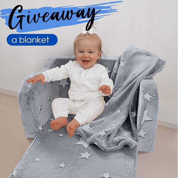 MeMoreCool Convertible Kids Sofa Chair with Blanket, Fold-Out Lounger for Playroom, Toddler Sofa for Girls and Boys (Glowing Star)