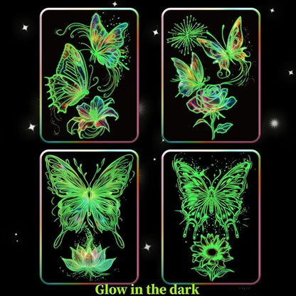 Georgie Porgy Scratch Paper Art Set for Kids Adults Magic Rainbow Scratchboards for DIY Arts and Crafts Kits Christmas Birthday Gift with Scratching Tools Kit (A4-Noctilucent Butterfly + Peacock)