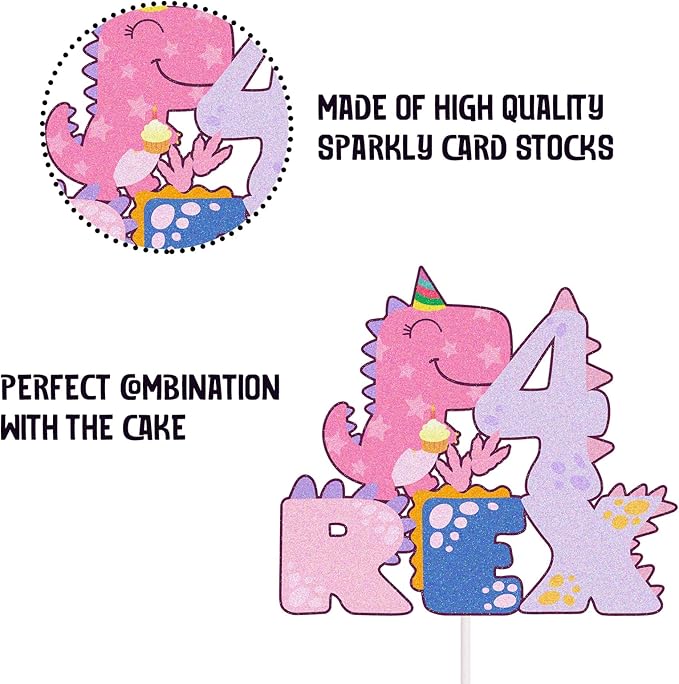Pink Dinosaur Cake Toppers,Dinosaur 4 Rex Cake Topper, Four Rex Birthday Decorations for Girl Dinosaur 4 Years Old Birthday Party Supplies