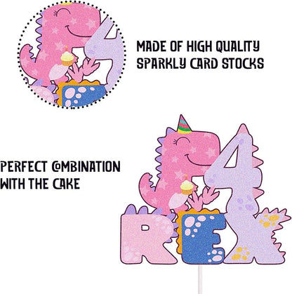 Pink Dinosaur Cake Toppers,Dinosaur 4 Rex Cake Topper, Four Rex Birthday Decorations for Girl Dinosaur 4 Years Old Birthday Party Supplies