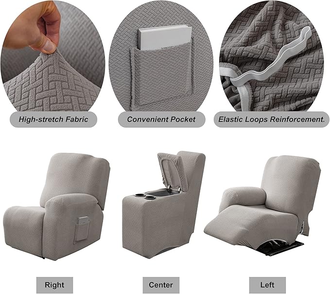 Genina Recliner Loveseat Cover Stretch Couch Covers Sofa slipcover for 2 Seat Reclining Couch Thick Jacquard Furniture Protector (Light Grey)