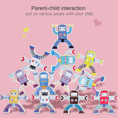 Wooden Robots Stacking Balancing Block Puzzle Game Building Toy Educational STEM Montessori for Preschool Kids Toddlers Sorting Skill Developing Intelligence Play Kits