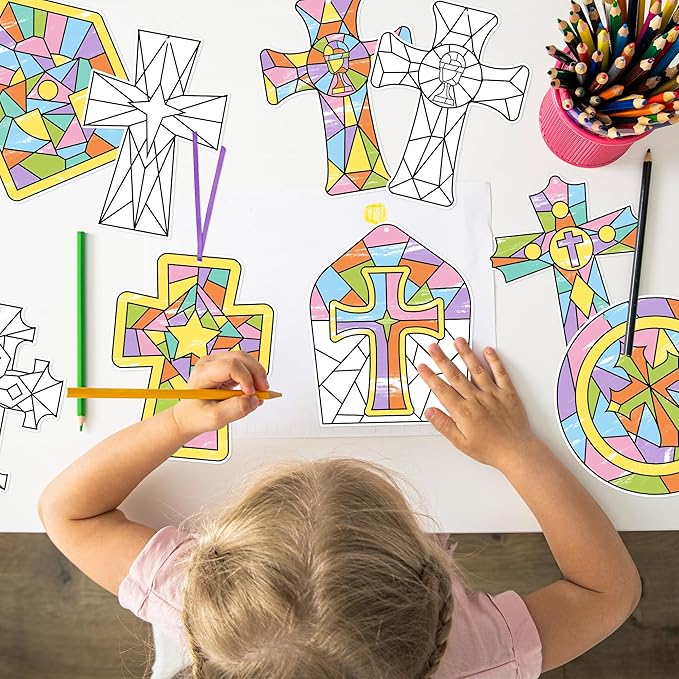 BeYumi Coloring Cross Craft Kit - 83Pcs Easter Color Your Own Cross Kit for Kids Sunday School Christian Religious DIY Craft Coloring Geometric Ornament Card Classroom Church Party Art Activities