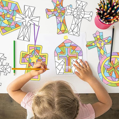 BeYumi Coloring Cross Craft Kit - 83Pcs Easter Color Your Own Cross Kit for Kids Sunday School Christian Religious DIY Craft Coloring Geometric Ornament Card Classroom Church Party Art Activities