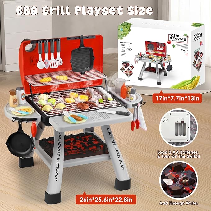 Toddler BBQ Grill Playset - Kitchen Toy Set with Smoke Sound & Light, Toy Grill BBQ Playset for Kids with Pretend Play Food Toys in/Outdoor Interactive Toys BBQ Cooking Game for Girls Boys
