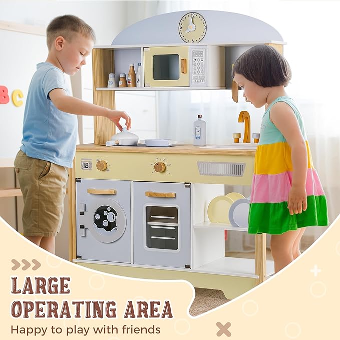 Kitchen Playset for Kids Ages 3-8, Wooden Pretend Play Kitchen with Cooking Accessories, Dimensions: 38” H x 31” W x 12” D