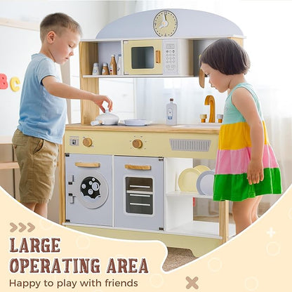 Kitchen Playset for Kids Ages 3-8, Wooden Pretend Play Kitchen with Cooking Accessories, Dimensions: 38” H x 31” W x 12” D