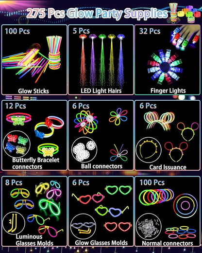 275 PCS Glow in the Dark Party Supplies for Kids Adults, Light Up Party Favors, Glow Sticks Bulk Party Pack Bracelets Finger Lights Glasses Headband LED Light Hair Wedding Birthday New Year Halloween