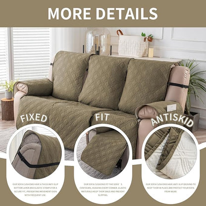 Easehomey Waterproof Recliner Sofa Cover,Non-Slip Reclining Sofa Covers for 3 Seat,Washable Reclining Sofa Cover Furniture Protector with Elastic Straps Pocket for Kids, Pets(Khaki,3Seat)