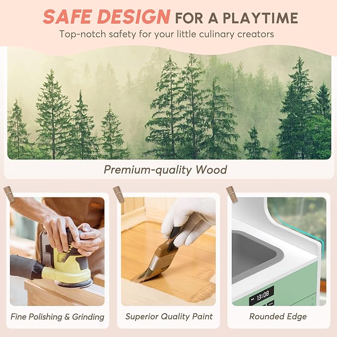 BIERUM Play Kitchen with Realistic Lights & Sounds, Wooden Kitchen Playset with 28 Pcs Toy Food & Cookware Accessories, Toy Kitchen with Plenty of Play Features, Idea Gift for Boys and Girls Ages 3+