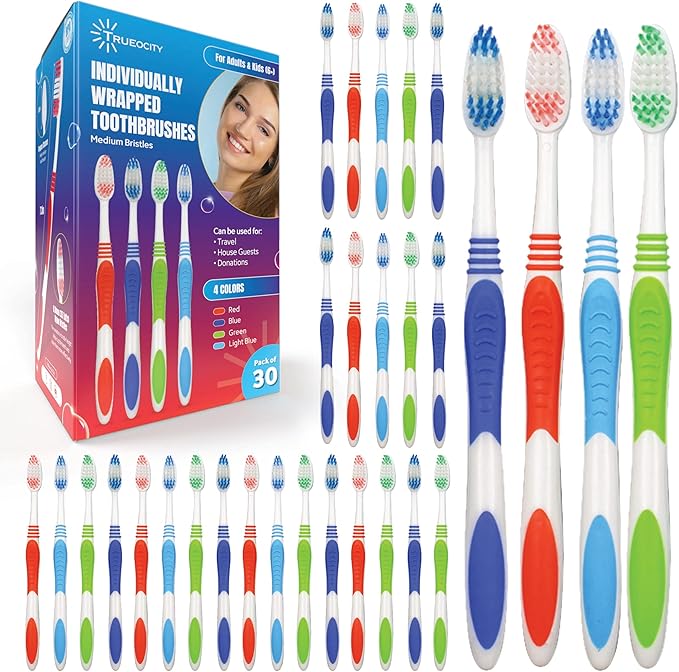 Toothbrushes Bulk Individually Wrapped - 30 Pack, Bulk Toothbrush, Medium BristleToothbrush, Individual Toothbrushes, Multi-Colored Toothbrushes Pack For Adults And Kids, Multi Pack Toothbrushes