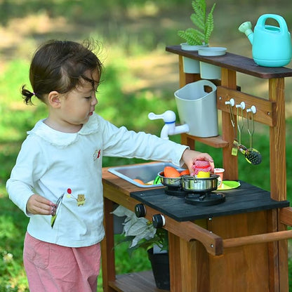 Mud Kitchen for Kids Outdoor,Wooden Play Kitchen with Removable Sink, Faucet,Storage Shelves, Backyard Garden Toddler Kitchen Playest, Kitchenware, Stove, Gift for Boys and Girls